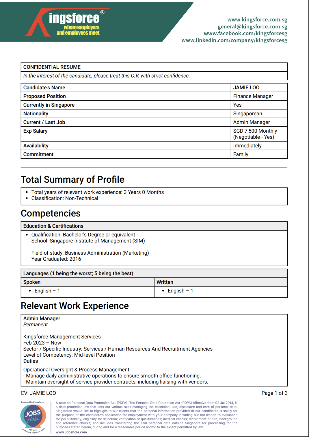 Formatted CV Sample